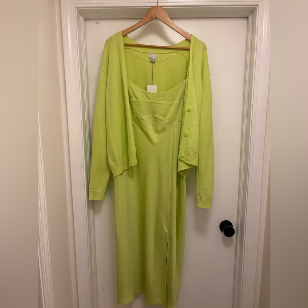 Lime green slip dress and matching cardigan
